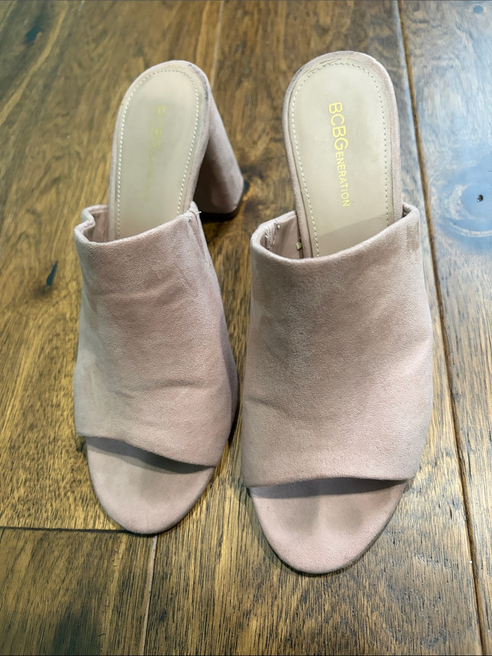BCBGeneration Dusty Pink Suede Open-Toe Block Heel Mules